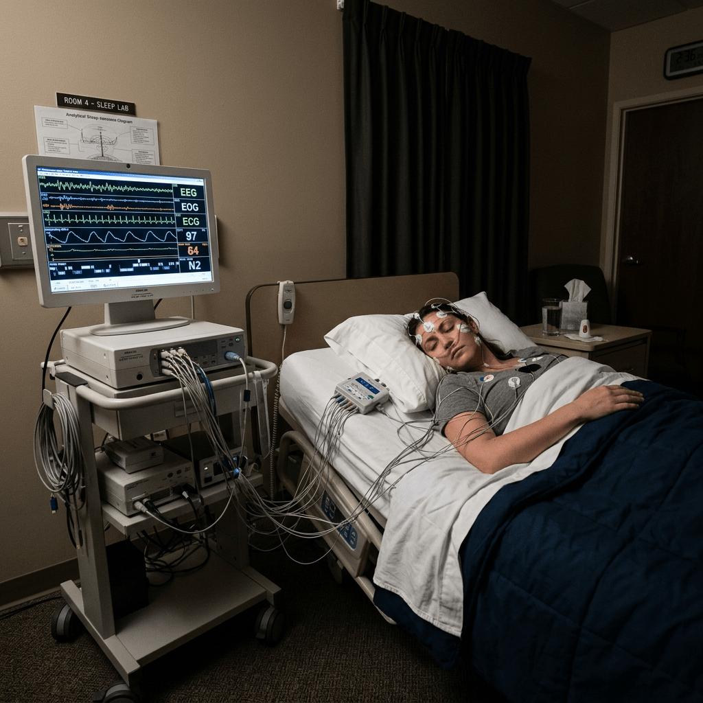 Patient in sleep lab bed with electrodes attached and vital signs on monitor